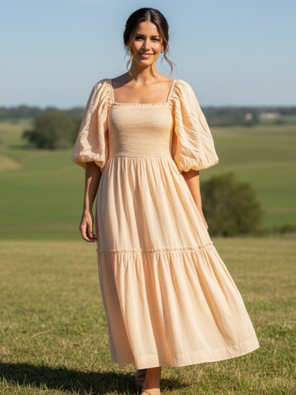 Smocked Square-Neck Maxi Dress in Peach